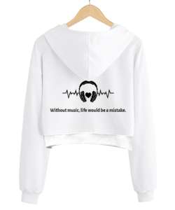 Kulaklık Beyaz Kadın Crop Hoodie Kapüşonlu Sweatshirt