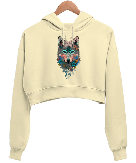 Kurt Baskılı Krem Kadın Crop Hoodie Kapüşonlu Sweatshirt