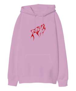 Kurt Resimli Pembe Oversize Unisex Kapüşonlu Sweatshirt