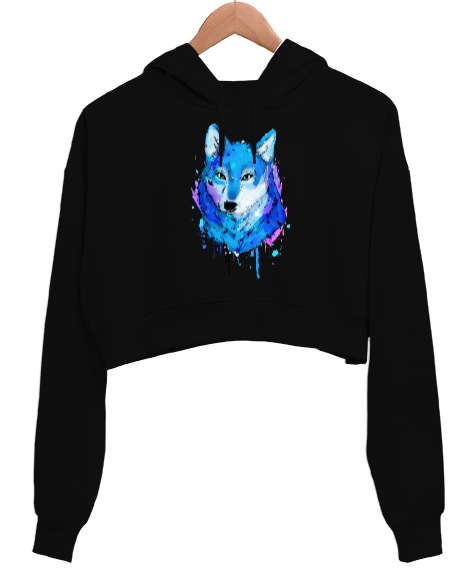 Kurt Suluboya Wolf Watercolor Baskılı Siyah Kadın Crop Hoodie Kapüşonlu Sweatshirt