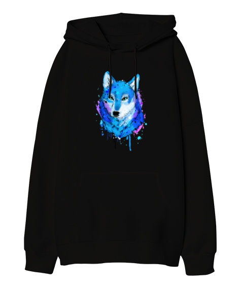 Kurt Suluboya Wolf Watercolor Baskılı Siyah Oversize Unisex Kapüşonlu Sweatshirt