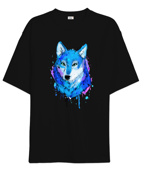 Kurt Suluboya Wolf Watercolor Baskılı Siyah Oversize Unisex Tişört