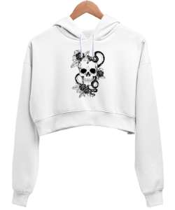 Kuru Kafa ve Yılan Beyaz Kadın Crop Hoodie Kapüşonlu Sweatshirt