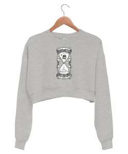 Kurukafa Kum Saati - Zaman - Skull Gri Kadın Crop Sweatshirt