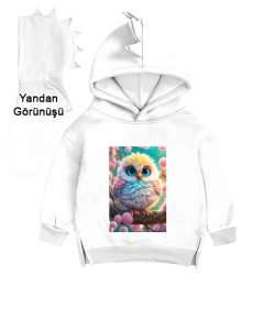 kuş369 Beyaz Çocuk Dinozor Kapşonlu Hoodie