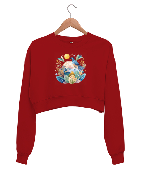 Tisho - Kuşlar - Güvercin - Kumru Kırmızı Kadın Crop Sweatshirt