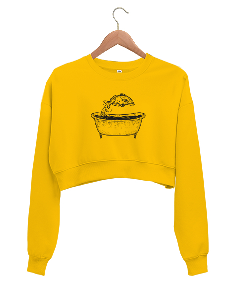 Tisho - Küvetteki Balık - Fish Sarı Kadın Crop Sweatshirt