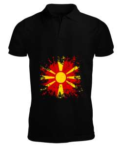 Kuzey Makedonya,Makedonya,Makedonya Bayrağı,Makedonya logosu,Macedonia flag. Siyah Erkek Kısa Kol Polo Yaka