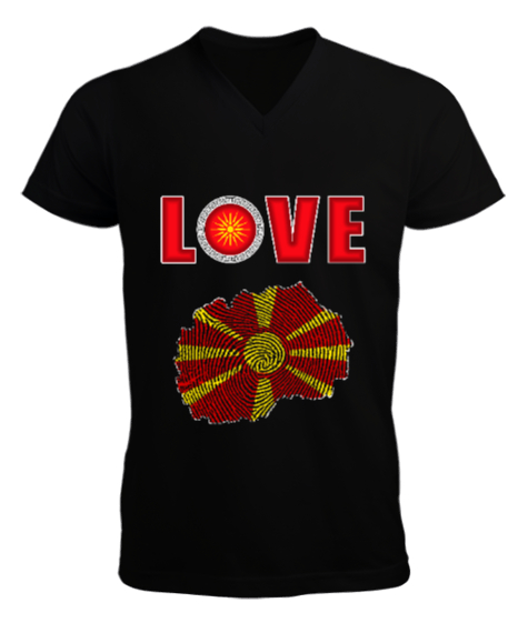 Tisho - Kuzey Makedonya,Makedonya,Makedonya Bayrağı,Makedonya logosu,Macedonia flag. Siyah Erkek Kısa Kol V Yaka Tişört