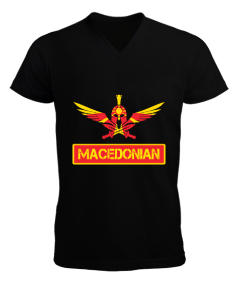 Tisho - Kuzey Makedonya,Makedonya,Makedonya Bayrağı,Makedonya logosu,Macedonia flag. Siyah Erkek Kısa Kol V Yaka Tişört