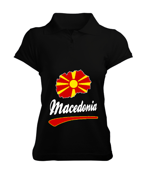 Tisho - Kuzey Makedonya,Makedonya,Makedonya Bayrağı,Makedonya logosu,Macedonia flag. Siyah Kadın Polo Yaka Tişört