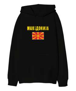 Kuzey Makedonya,Makedonya,Makedonya Bayrağı,Makedonya logosu,Macedonia flag. Siyah Oversize Unisex Kapüşonlu Sweatshirt