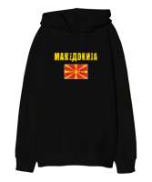 Kuzey Makedonya,Makedonya,Makedonya Bayrağı,Makedonya logosu,Macedonia flag. Siyah Oversize Unisex Kapüşonlu Sweatshirt - Thumbnail