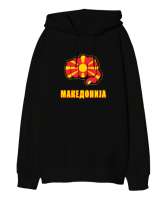 Kuzey Makedonya,Makedonya,Makedonya Bayrağı,Makedonya logosu,Macedonia flag. Siyah Oversize Unisex Kapüşonlu Sweatshirt - Thumbnail