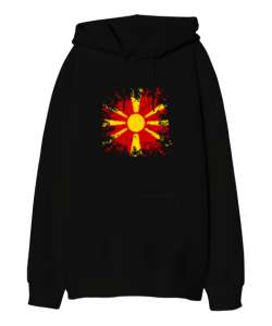 Kuzey Makedonya,Makedonya,Makedonya Bayrağı,Makedonya logosu,Macedonia flag. Siyah Oversize Unisex Kapüşonlu Sweatshirt