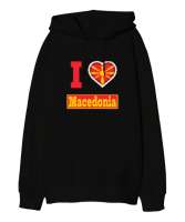 Kuzey Makedonya,Makedonya,Makedonya Bayrağı,Makedonya logosu,Macedonia flag. Siyah Oversize Unisex Kapüşonlu Sweatshirt - Thumbnail