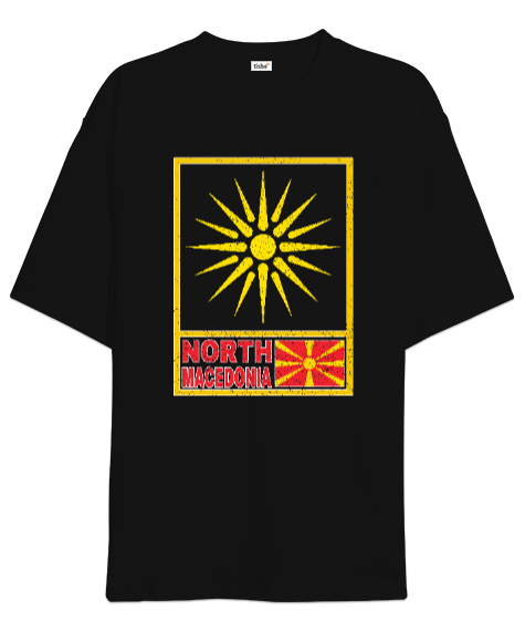 Tisho - Kuzey Makedonya,Makedonya,Makedonya Bayrağı,Makedonya logosu,Macedonia flag. Siyah Oversize Unisex Tişört