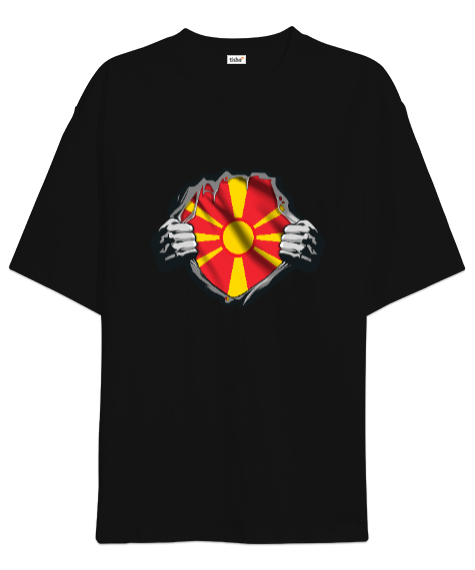 Tisho - Kuzey Makedonya,Makedonya,Makedonya Bayrağı,Makedonya logosu,Macedonia flag. Siyah Oversize Unisex Tişört