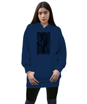 Lacivert zebra Kadın Uzun Hoodie Kapüşonlu Sweatshirt