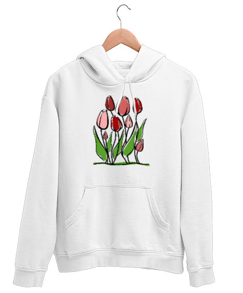 Tisho - Laleler - Çiçek Beyaz Unisex Kapşonlu Sweatshirt