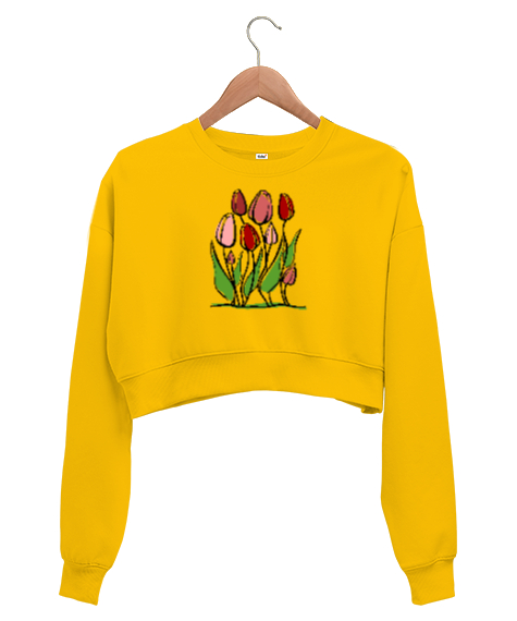 Tisho - Laleler - Çiçek Sarı Kadın Crop Sweatshirt