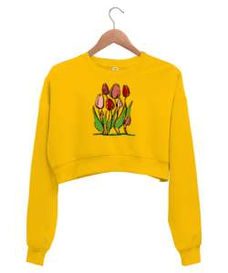 Laleler - Çiçek Sarı Kadın Crop Sweatshirt