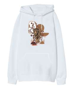 Leopar Dİzayn Beyaz Oversize Unisex Kapüşonlu Sweatshirt