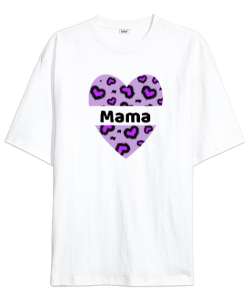  Leopar Kalp Desenli Mama Baskılı Beyaz Oversize Unisex Tişört