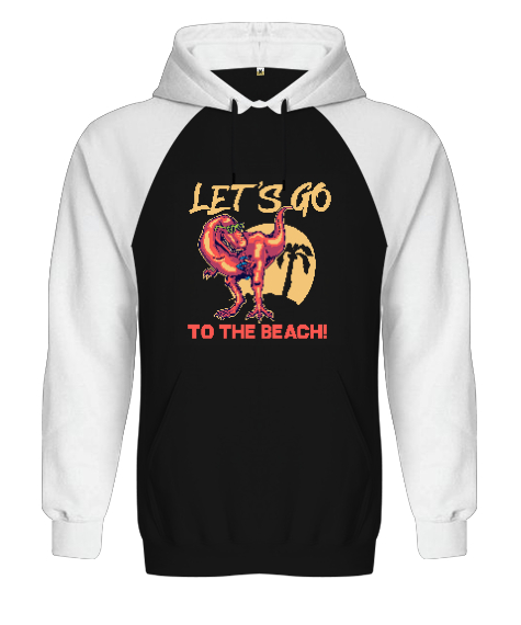 Lets Go To The Beach T-Rex Baskılı Siyah/Beyaz Orjinal Reglan Hoodie Unisex Sweatshirt