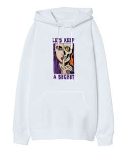 Lets Keep a Secret Tasarım Baskılı Beyaz Oversize Unisex Kapüşonlu Sweatshirt