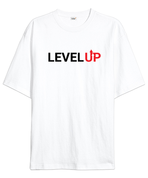 Tisho - Level Up - Seviye Atla - Slogan Beyaz Oversize Unisex Tişört