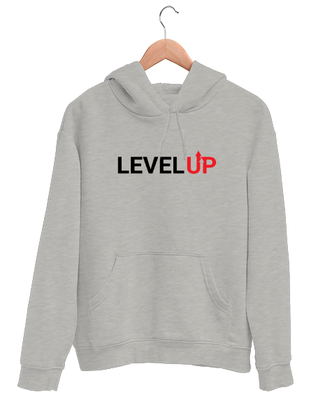 Tisho - Level Up - Seviye Atla - Slogan Gri Unisex Kapşonlu Sweatshirt