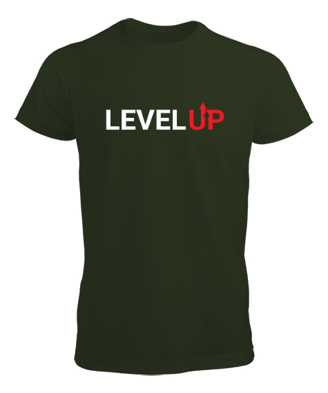 Tisho - Level Up - Seviye Atla - Slogan Haki Yeşili Erkek Tişört