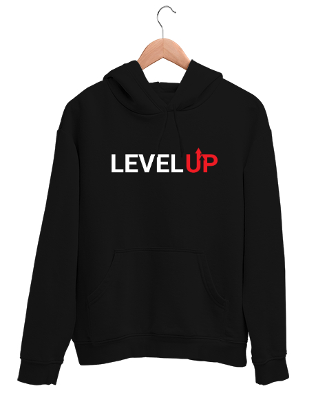 Tisho - Level Up - Seviye Atla - Slogan Siyah Unisex Kapşonlu Sweatshirt