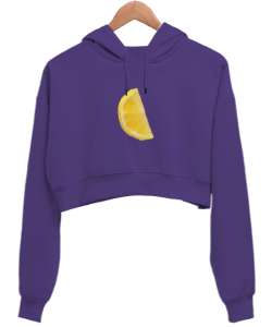 Lezzetli Limon Dilimi Deseni - Renkli Bir Dokunuş Ekleyin Mor Kadın Crop Hoodie Kapüşonlu Sweatshirt