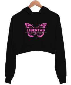 Lıbertas Siyah Kadın Crop Hoodie Kapüşonlu Sweatshirt