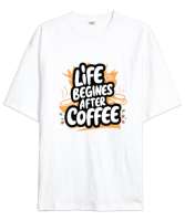 Life Begins After Coffee Beyaz Oversize Unisex Tişört - Thumbnail