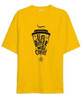 Life is Better With Coffee Sarı Oversize Unisex Tişört - Thumbnail