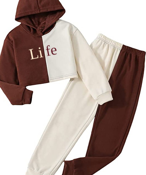 Life Yazı baskılı Krem Kahve Çift Renkli Kız Çocuğu Crop Hoodie ve Eşofman Altı