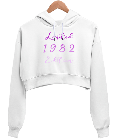 Limited Edition 1982 Beyaz Kadın Crop Hoodie Kapüşonlu Sweatshirt