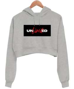 LİMİTSİZ UNLİMİTED BASKILI Gri Kadın Crop Hoodie Kapüşonlu Sweatshirt