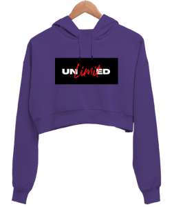 LİMİTSİZ UNLİMİTED BASKILI Mor Kadın Crop Hoodie Kapüşonlu Sweatshirt