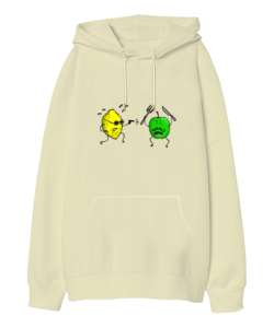 Limon ve Elma - Lemon And Apple Krem Oversize Unisex Kapüşonlu Sweatshirt