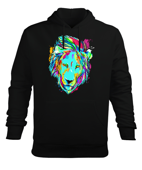 Lion Watercolor - Aslan Suluboya Baskılı Siyah Erkek Kapüşonlu Hoodie Sweatshirt