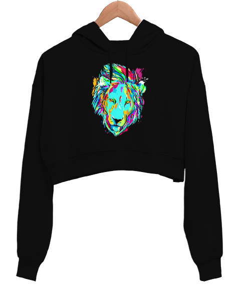 Lion Watercolor - Aslan Suluboya Baskılı Siyah Kadın Crop Hoodie Kapüşonlu Sweatshirt