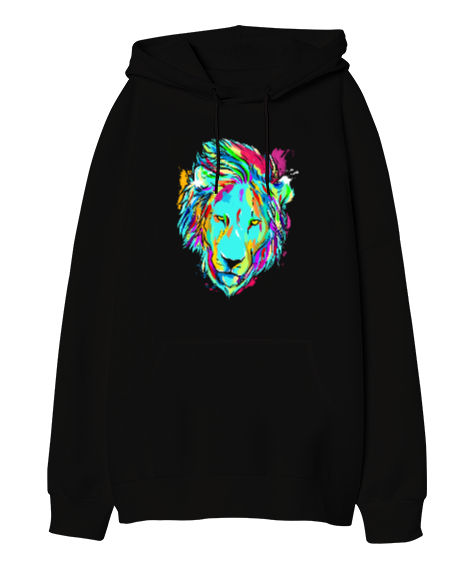 Lion Watercolor - Aslan Suluboya Baskılı Siyah Oversize Unisex Kapüşonlu Sweatshirt