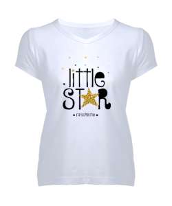 Little Star - Küçük Yıldız Beyaz Kadın V Yaka Tişört