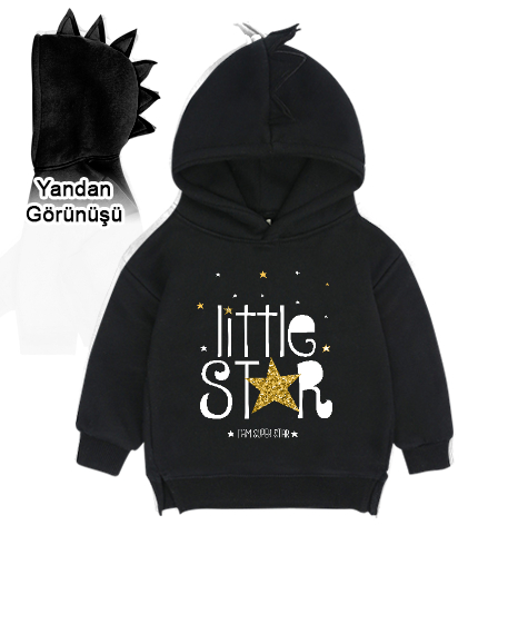 Tisho - Little Star - Küçük Yıldız Siyah Çocuk Dinozor Kapşonlu Hoodie