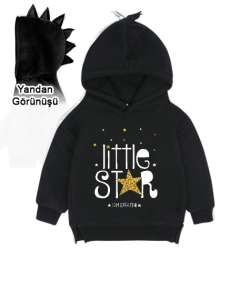 Little Star - Küçük Yıldız Siyah Çocuk Dinozor Kapşonlu Hoodie