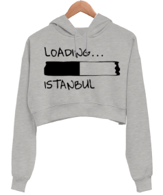 LOADING YAZILI SWEATSHİRT Kadın Crop Hoodie Kapüşonlu Sweatshirt